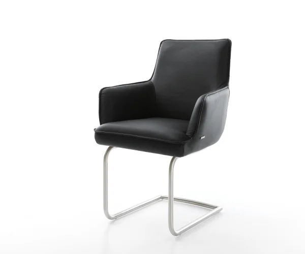 Cantilever Heira-Flex avec accoudoirs cuir de vache noir pied cantilever rond acier inoxydable brossé ressorts ensachés