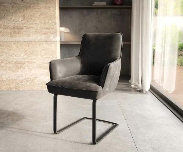 Cantilever Heira-Flex avec accoudoirs microvelours anthracite vintage pied cantilever plat noir ressorts ensachés