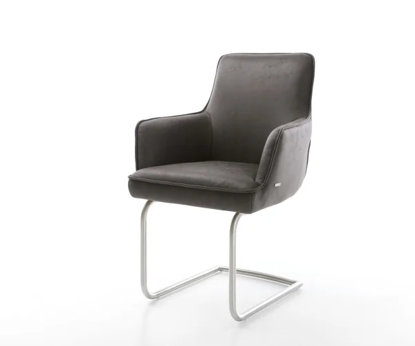 Cantilever Heira-Flex avec accoudoirs microvelours anthracite vintage pied cantilever rond acier inoxydable brossé ressorts ensachés