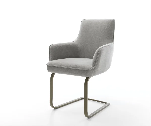 Cantilever Heira-Flex avec accoudoirs tissu structuré doux gris pied cantilever plat aspect titane resorts ensachés