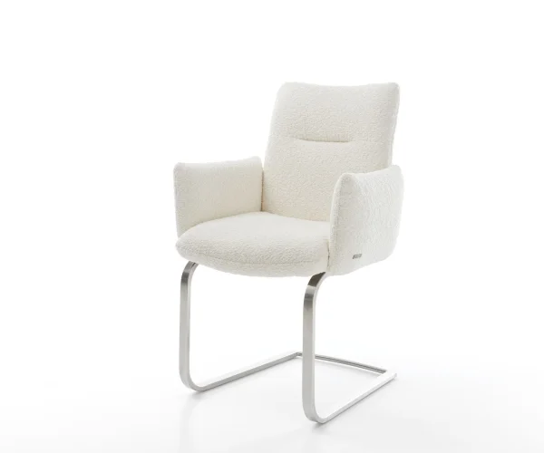 Cantilever Jova-Flex avec accoudoirs bouclé blanc pied cantilever plat acier inoxydable brossé ressorts ensachés