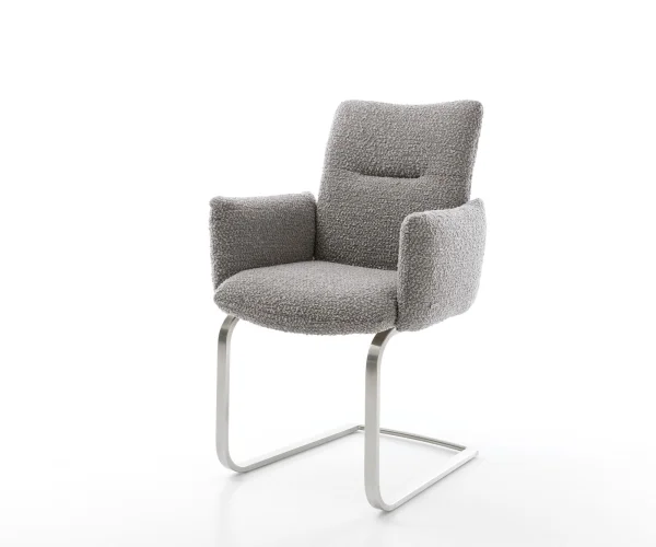 Cantilever Jova-Flex avec accoudoirs bouclé gris argenté pied cantilever plat acier inoxydable brossé ressorts ensachés