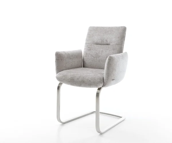 Cantilever Jova-Flex avec accoudoirs chenille gris argenté pied cantilever plat acier inoxydable brossé ressorts ensachés