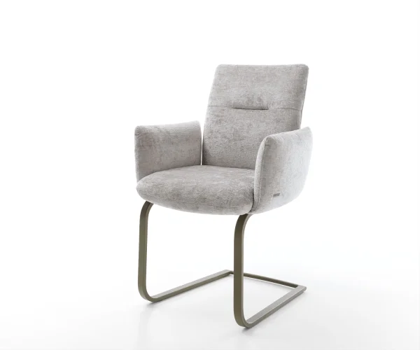 Cantilever Jova-Flex avec accoudoirs chenille gris argenté pied cantilever plat aspect titane ressorts ensachés