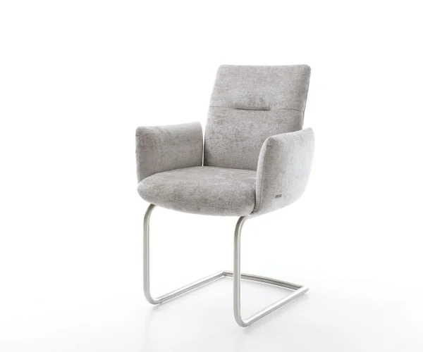 Cantilever Jova-Flex avec accoudoirs chenille gris argenté pied cantilever rond acier inoxydable brossé ressorts ensachés