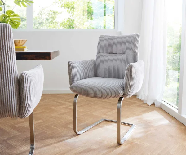 Cantilever Jova-Flex avec accoudoirs côtelé gris argenté pied cantilever plat acier inoxydable brossé ressorts ensachés