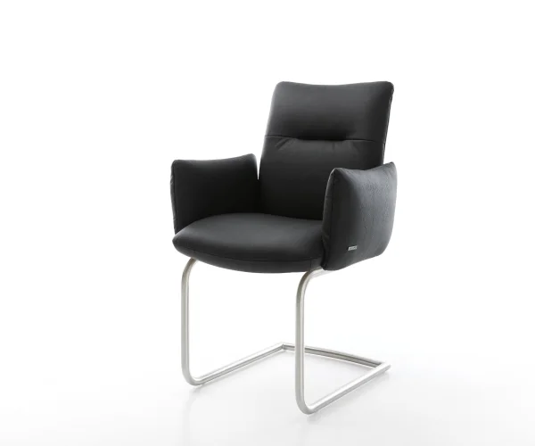 Cantilever Jova-Flex avec accoudoirs cuir de vache noir pied cantilever rond acier inoxydable brossé ressorts ensachés
