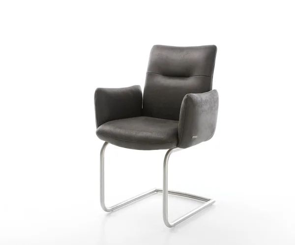 Cantilever Jova-Flex avec accoudoirs microvelours anthracite vintage pied cantilever rond acier inoxydable brossé ressorts ensachés