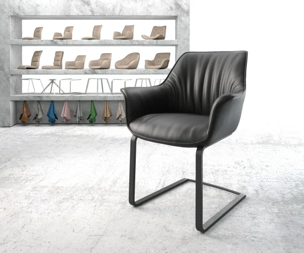 Cantilever Keila-Flex avec accoudoirs cuir de vache noir pied cantilever plat noir