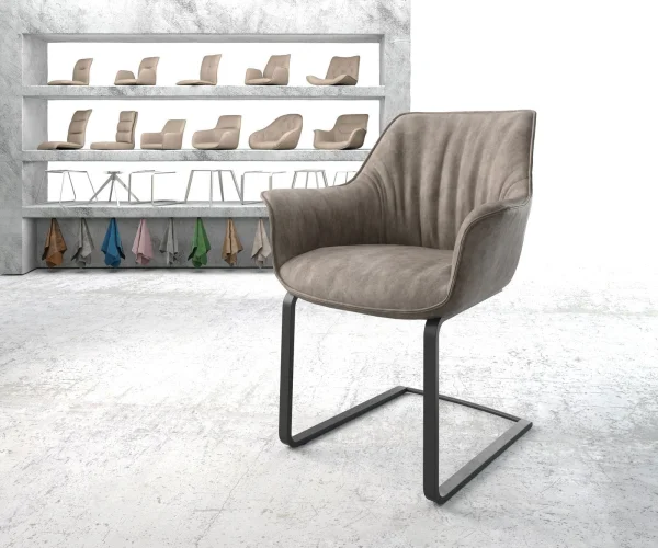 Cantilever Keila-Flex avec accoudoirs microvelours taupe vintage pied cantilever plat noir