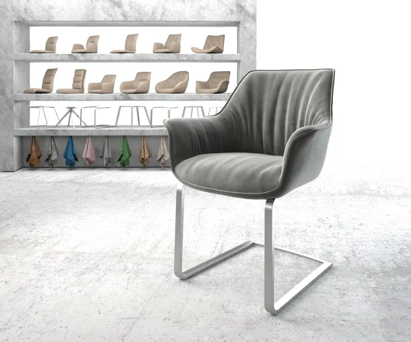 Cantilever Keila-Flex avec accoudoirs velours gris pied cantilever plat acier inoxydable brossé