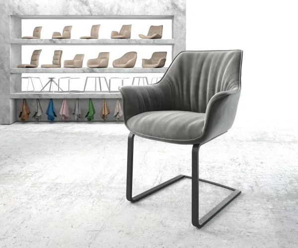 Cantilever Keila-Flex avec accoudoirs velours gris pied cantilever plat noir