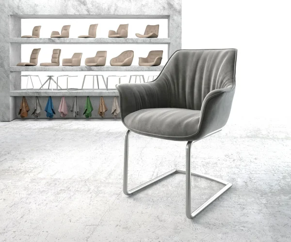 Cantilever Keila-Flex avec accoudoirs velours gris pied cantilever rond acier inoxydable brossé