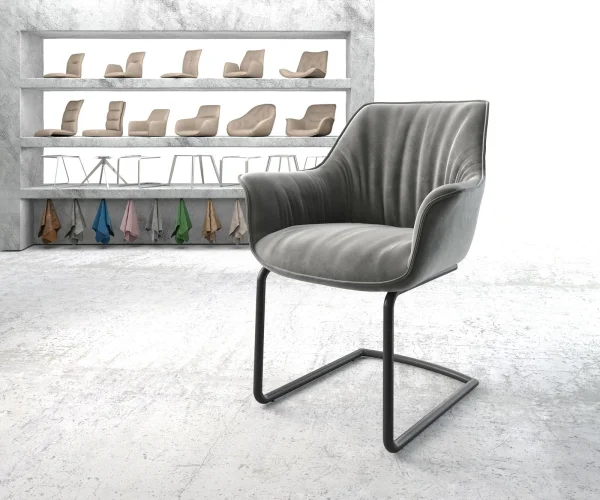 Cantilever Keila-Flex avec accoudoirs velours gris pied cantilever rond noir