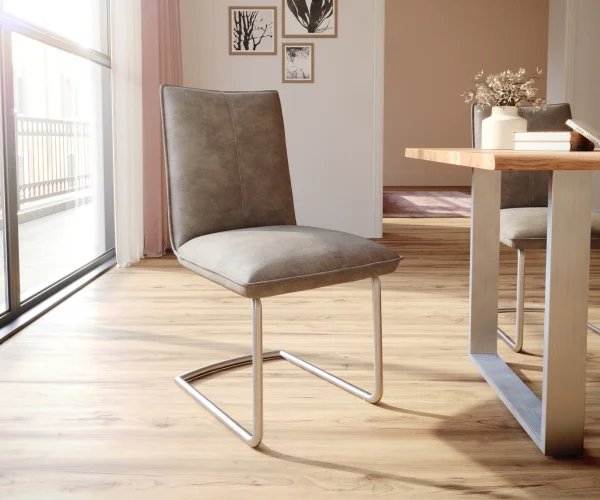 Cantilever Lelio-Flex microvelours taupe vintage pied cantilever rond acier inoxydable brossé ressorts ensachés