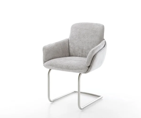 Cantilever Luan-Flex avec accoudoirs chenille gris argenté pied cantilever rond acier inoxydable brossé