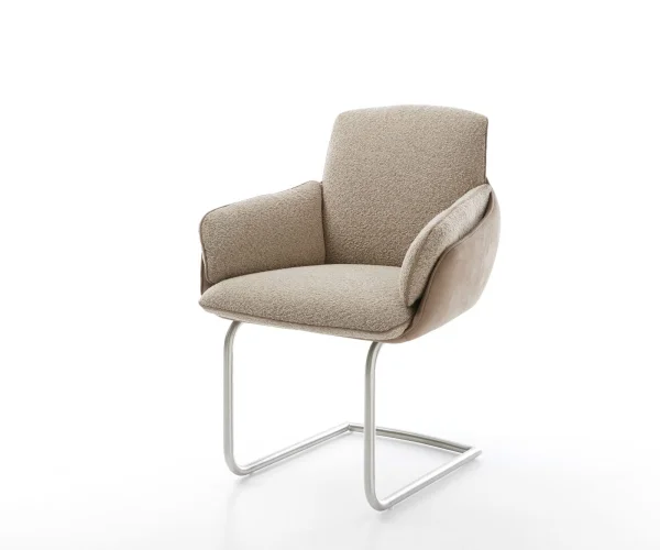 Cantilever Luan-Flex avec accoudoirs tissu mixte couleur boue pied cantilever rond acier inoxydable brossé