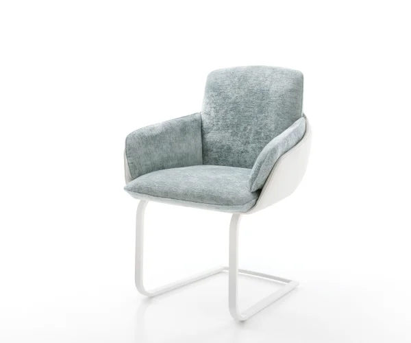 Cantilever Luan-Flex avec accoudoirs tissu mixte cuir de vache blanc-bleu pastel pied cantilever plat blanc