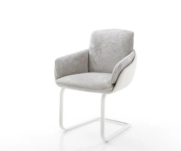 Cantilever Luan-Flex avec accoudoirs tissu mixte cuir de vache blanc-gris argenté pied cantilever plat blanc