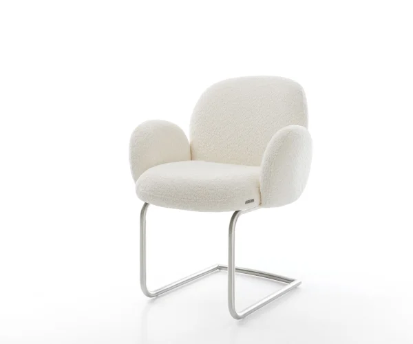 Cantilever Nube-Flex avec accoudoirs bouclé blanc pied cantilever rond acier inoxydable brossé ressorts ensachés