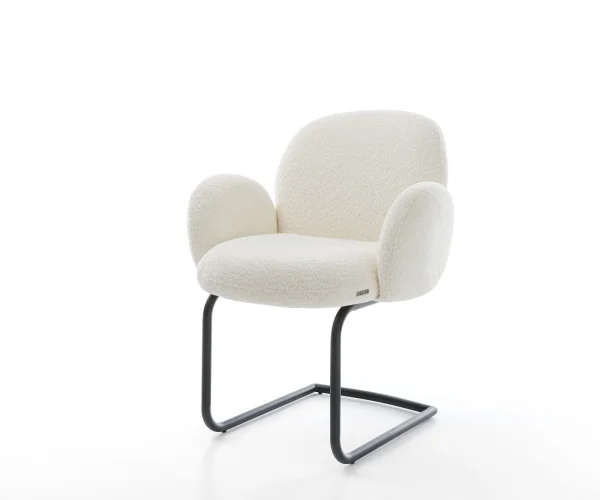 Cantilever Nube-Flex avec accoudoirs bouclé blanc pied cantilever rond noir ressorts ensachés