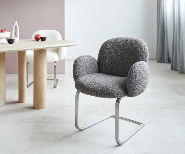 Cantilever Nube-Flex avec accoudoirs bouclé gris argenté pied cantilever plat acier inoxydable brossé ressorts ensachés