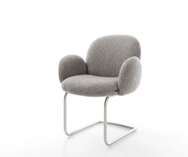 Cantilever Nube-Flex avec accoudoirs bouclé gris argenté pied cantilever rond acier inoxydable brossé ressorts ensachés