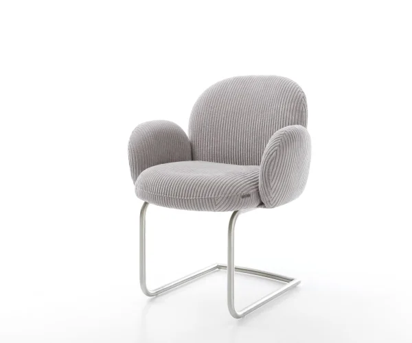 Cantilever Nube-Flex avec accoudoirs côtelé gris argenté pied cantilever rond acier inoxydable brossé ressorts ensachés