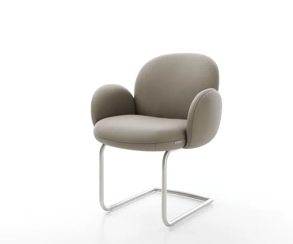 Cantilever Nube-Flex avec accoudoirs cuir de vache couleur boue pied cantilever rond acier inoxydable brossé ressorts ensachés
