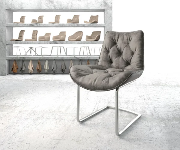 Cantilever Taimi-Flex microvelours gris antique pied cantilever rond acier inoxydable brossé