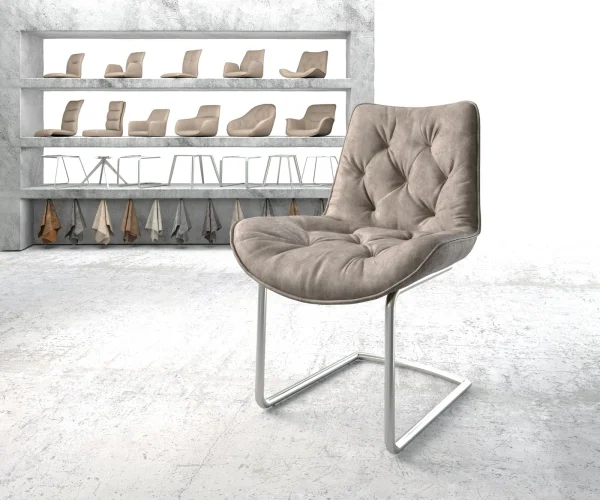Cantilever Taimi-Flex microvelours taupe vintage pied cantilever rond acier inoxydable brossé