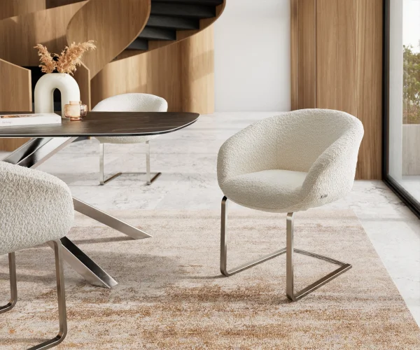 Cantilever Vinka-Flex avec accoudoirs bouclé blanc pied cantilever plat acier inoxydable brossé ressorts ensachés