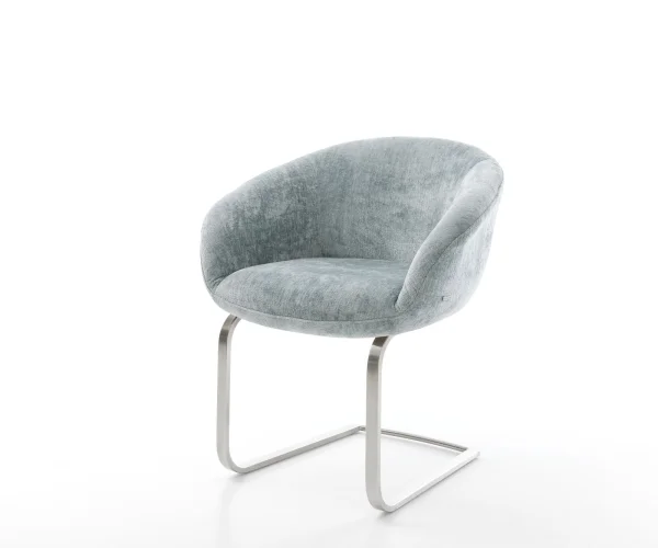 Cantilever Vinka-Flex avec accoudoirs chenille bleu pastel pied cantilever plat acier inoxydable brossé ressorts ensachés