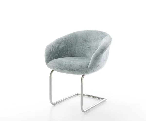 Cantilever Vinka-Flex avec accoudoirs chenille bleu pastel pied cantilever rond acier inoxydable brossé ressorts ensachés