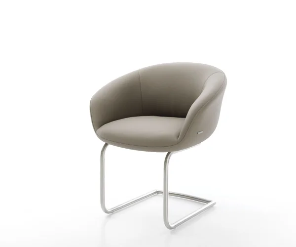 Cantilever Vinka-Flex avec accoudoirs cuir de vache couleur boue pied cantilever rond acier inoxydable brossé ressorts ensachés