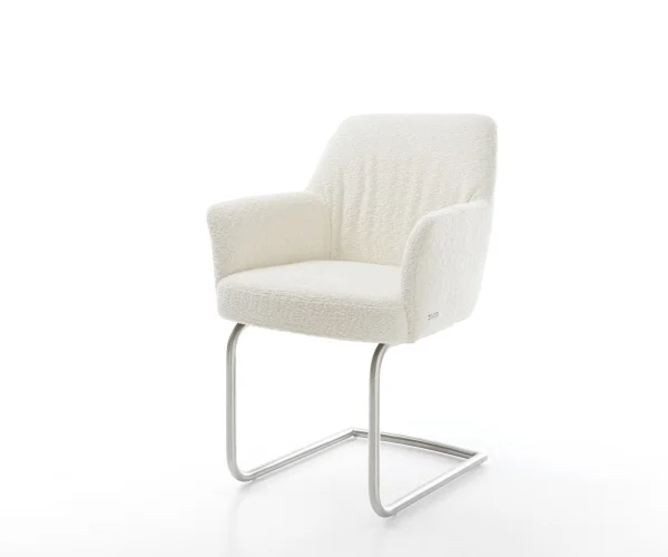 Cantilever Xana-Flex avec accoudoirs bouclé blanc pied cantilever rond acier inoxydable ressorts ensachés