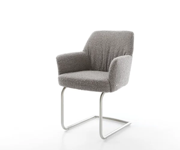 Cantilever Xana-Flex avec accoudoirs bouclé gris argenté pied cantilever rond acier inoxydable brossé ressorts ensachés