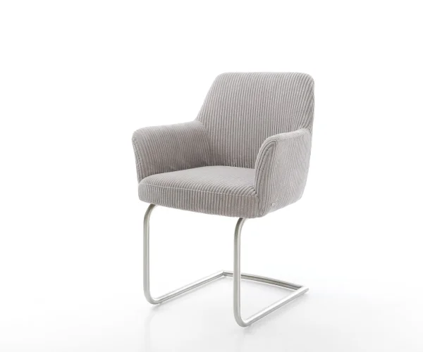 Cantilever Xana-Flex avec accoudoirs côtelé gris argenté pied cantilever rond acier inoxydable brossé ressorts ensachés