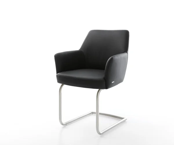 Cantilever Xana-Flex avec accoudoirs cuir de vache noir pied cantilever rond acier inoxydable brossé ressorts ensachés