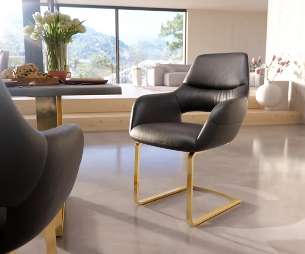 Cantilever Yago-Flex avec accoudoirs cuir de vache noir pied cantilever plat or ressorts ensachés
