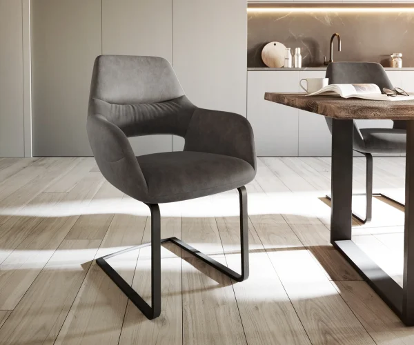 Cantilever Yago-Flex avec accoudoirs microvelours anthracite vintage pied cantilever plat noir ressorts ensachés