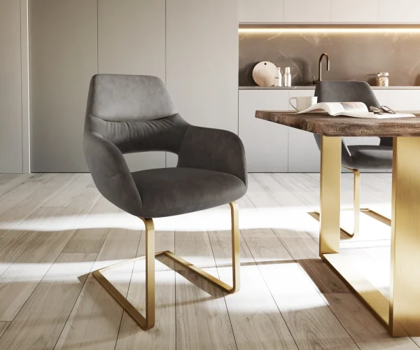 Cantilever Yago-Flex avec accoudoirs microvelours anthracite vintage pied cantilever plat or ressorts ensachés
