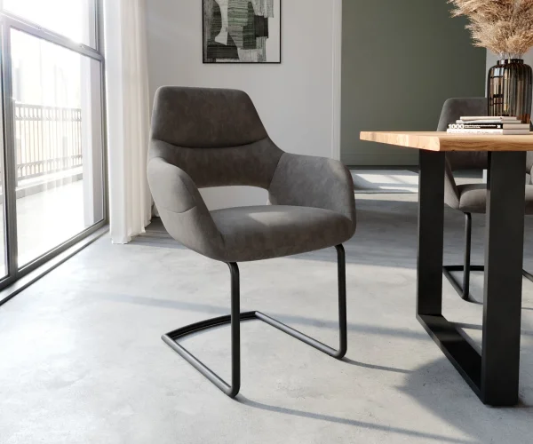 Cantilever Yago-Flex avec accoudoirs microvelours anthracite vintage pied cantilever rond noir ressorts ensachés