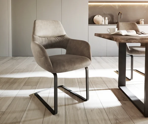 Cantilever Yago-Flex avec accoudoirs microvelours taupe vintage pied cantilever plat noir ressorts ensachés