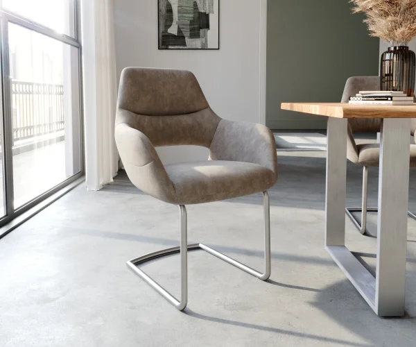 Cantilever Yago-Flex avec accoudoirs microvelours taupe vintage pied cantilever rond acier inoxydable brossé ressorts ensachés