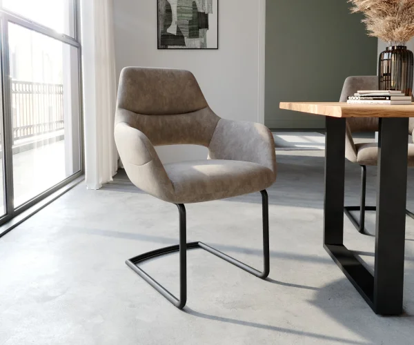 Cantilever Yago-Flex avec accoudoirs microvelours taupe vintage pied cantilever rond noir ressorts ensachés