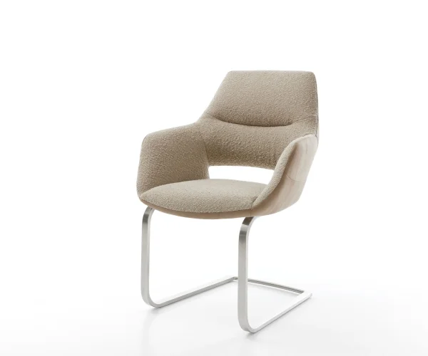 Cantilever Yago-Flex avec accoudoirs tissu mixte couleur boue pied cantilever plat acier inoxydable brossé ressorts ensachés