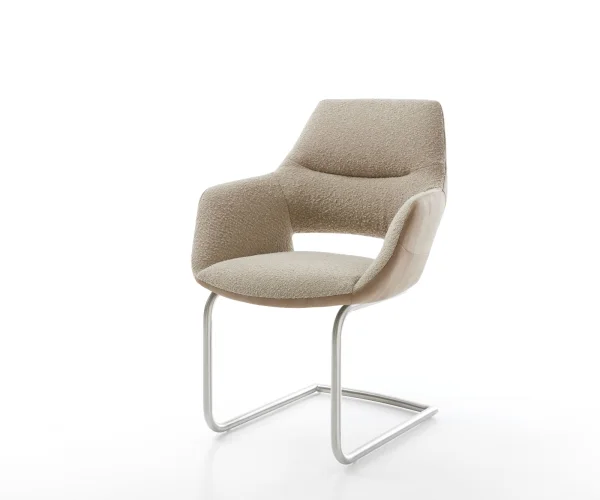 Cantilever Yago-Flex avec accoudoirs tissu mixte couleur boue pied cantilever rond acier inoxydable brossé ressorts ensachés