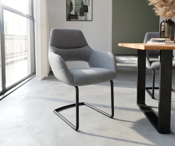 Cantilever Yago-Flex avec accoudoirs tissu texturé gris clair pied cantilever rond noir ressorts ensachés