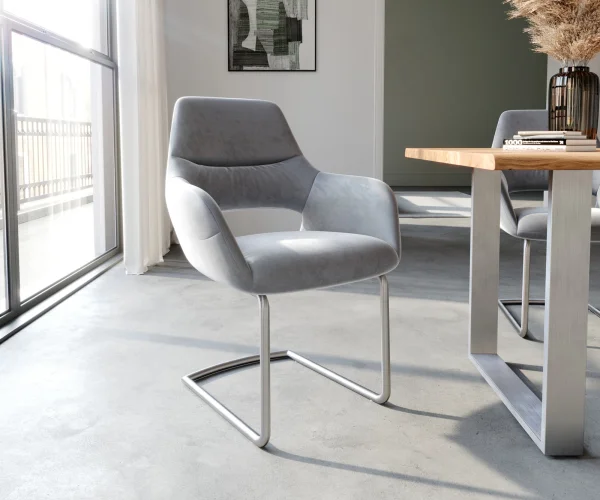 Cantilever Yago-Flex avec accoudoirs velours gris pied cantilever rond acier inoxydable brossé ressorts ensachés